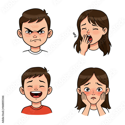 Cartoon faces showing anger yawning laughing and sadness with expressive features.