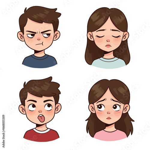 Cartoon faces showing different emotions anger sadness surprise and worry.