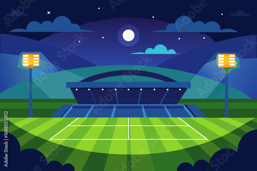 Nighttime tennis court under stadium lights and moonlight