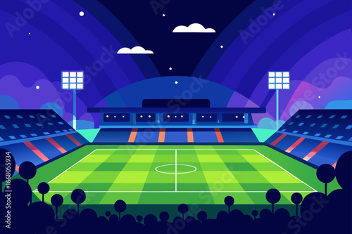 Vibrant nighttime soccer stadium with bright lights