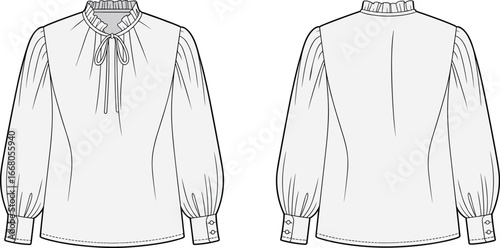 Elegant Ruffled Blouse with Long Sleeves, Stylish Bow Tie Detail, Vintage Fashion Top for Women, Fashion Illustration