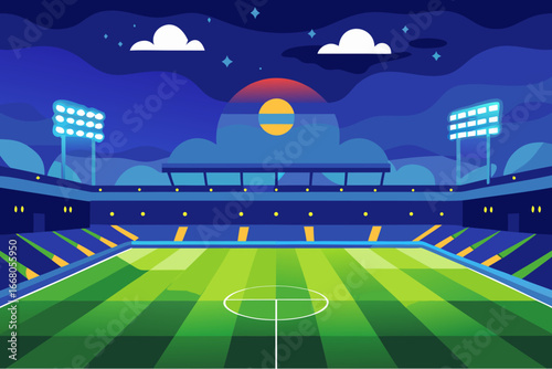 Vibrant nighttime football stadium with a sunset sky