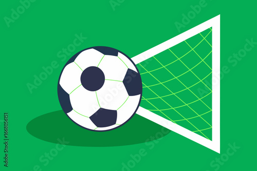 Soccer ball approaching a goal net on a green field