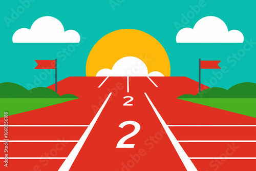 Two runners on a track heading towards the finish line at sunrise