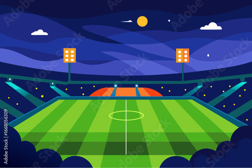 Nighttime soccer stadium with bright lights and full moon