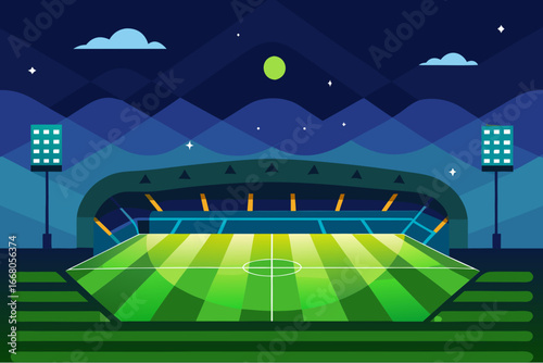 Nighttime football stadium illuminated by floodlights under a starry sky