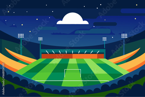 Nighttime soccer stadium with bright lights and starry sky