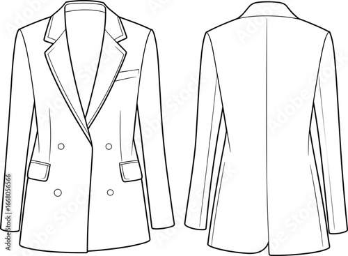 Double-breasted long blazer flat sketch, women’s fashion cad drawing, vector technical illustration, front and back tailored jacket view