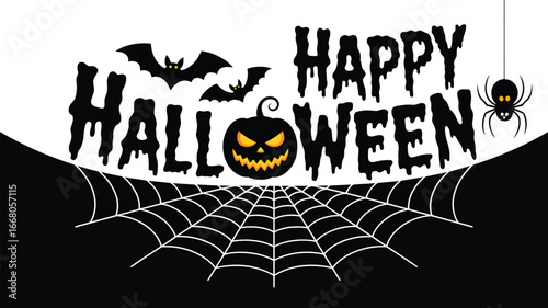 Happy Halloween banner with spooky dripping typography, jack-o'-lantern pumpkin, bats, spider and cobweb, black and white vector illustration