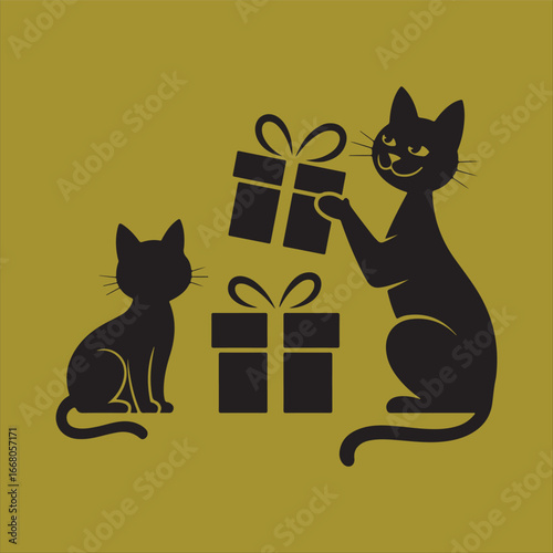  Two black cat with gift box