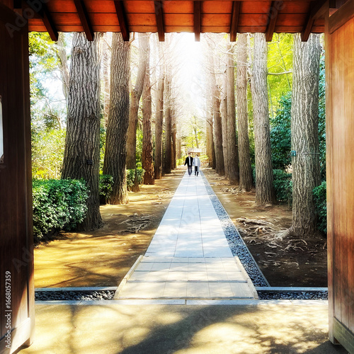公園入り口の日本庭園の銀杏並木を歩くカップルシルエット