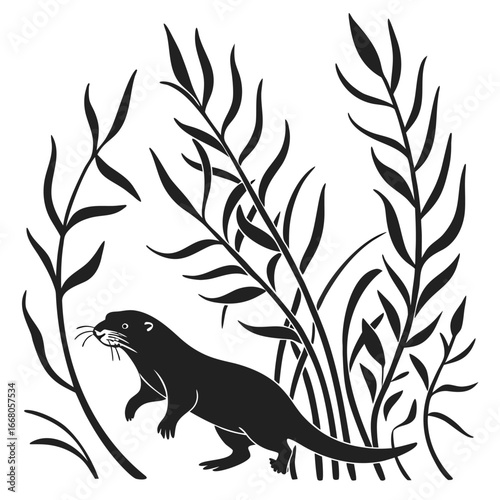 Otter swimming through kelp forest silhouette