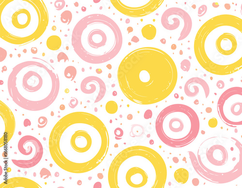 Funky colorful seamless pattern with brush drawn squiggles and dots. Hand drawn childish creative yellow and pink wallpaper. children, curve, confetti, abstract, modern, scribble, shape,vector