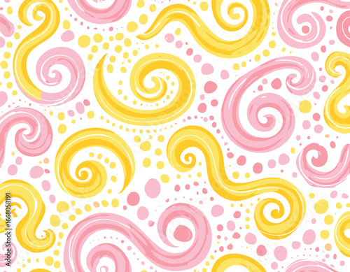 Funky colorful seamless pattern with brush drawn squiggles and dots. Hand drawn childish creative yellow and pink wallpaper. children, curve, confetti, abstract, modern, scribble, shape,vector