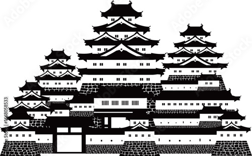 日本の城　天守や櫓などが建ち並ぶ城郭の白黒シルエット
