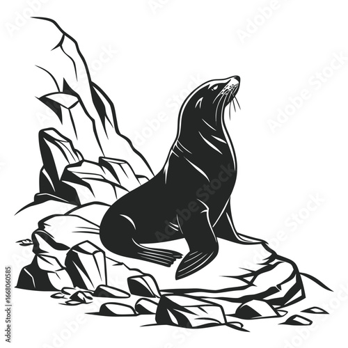 Seal basking on rocky shore silhouette