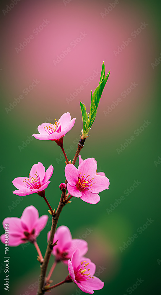 Obraz premium Delicate pink blossoms on green bokeh portrait background, wallpaper, spring flowering branch macro with copy space