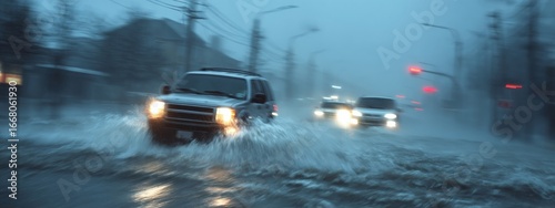 Vehicles navigating through flooded streets in a dense fog during heavy rainfall