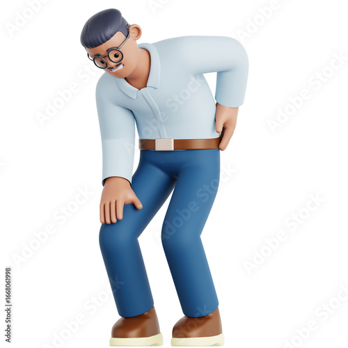 3D Cartoon Man Character with Back Pain Holding Lower Back Pose