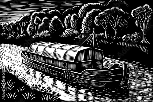 Northern European cargo barge sailing slow river, historical trade boat detailed in black and white sketch