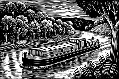 Northern European cargo barge sailing slow river, historical trade boat detailed in black and white sketch