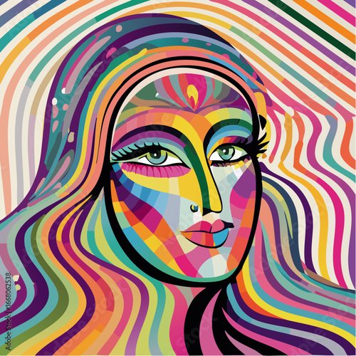 A vibrant and psychedelic portrait of a woman with colorful hair, composed of many colors and patterns. The artwork radiates a sense of creativity and imagination.
