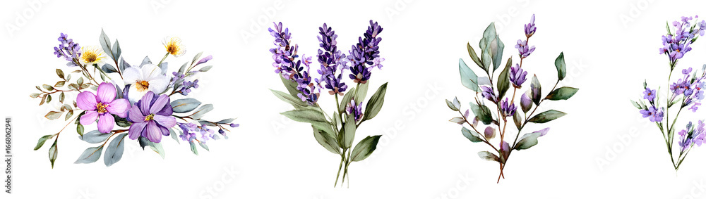 Naklejka premium watercolor arrangements with flowers lavender. bouquts with wildflowers, leave, branches. Botanic illustation