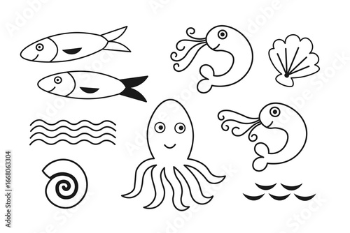 Sea ​​fish underwater world doodle. Sardine fish, octopus, shrimps, shells, waves drawing on isolated background. Hand drawn sketch with graphic funny pilchard, seafood, fishing. Vector illustration