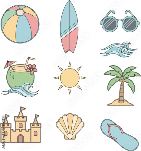 Vacation and Beach Essentials Icons