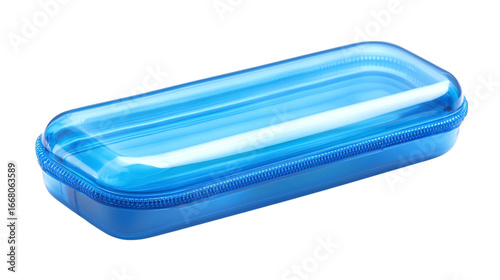 Blue plastic pencil case isolated on transparent background 