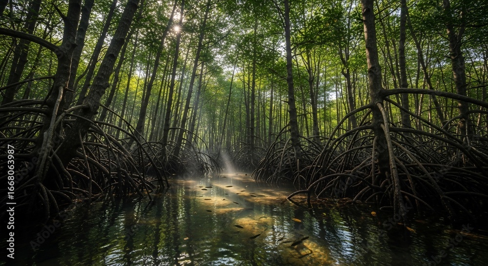 Obraz premium Sunlit Mangrove Forest with Exposed Roots and Reflections in Calm Water
