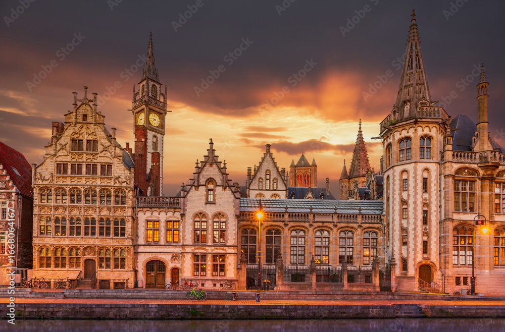Fototapeta premium Ghent, Belgium. Graslei channel view, Leie River, Flanders.