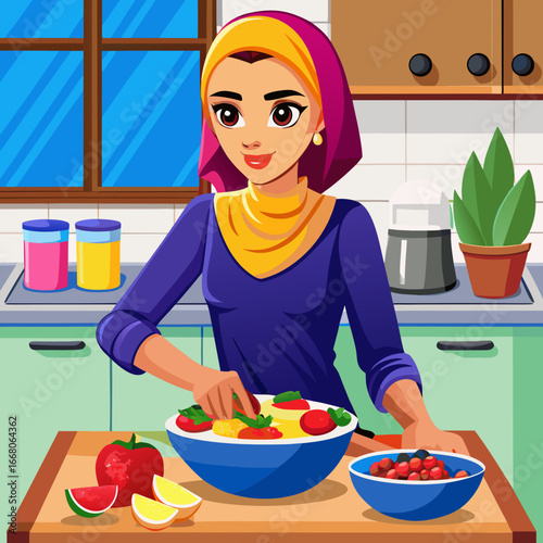  A Middle Eastern woman in her home kitchen, preparing a vibrant, colorful smoothie bowl. She is slicing fresh strawberries, with other fruits (banana, blueberries, mango) on a wooden cutting board. T