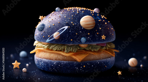 Burger with Planets and Stars, Space-Themed Conceptual Surrealism
