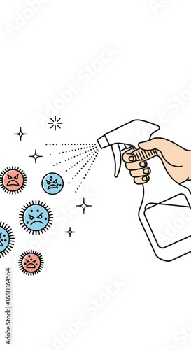 Hand spraying disinfectant, eliminating germs and viruses for hygiene and cleanliness, health