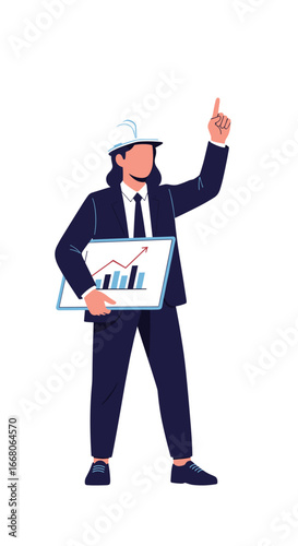 Confident female engineer presenting growth chart, pointing upwards with a successful vision