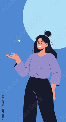 Smiling woman reaching for a star, embodying dreams, aspiration, and positive vibes in a scene