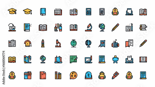 Colorful Education Icons: Back to School, Learning, and Knowledge Concept.