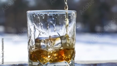 Wallpaper Mural Amber liquid being poured into a faceted glass filled with ice cubes,  Torontodigital.ca