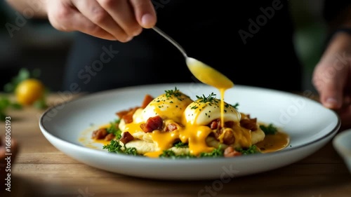 Wallpaper Mural Adding hollandaise sauce to eggs benedict with bacon and greens Torontodigital.ca