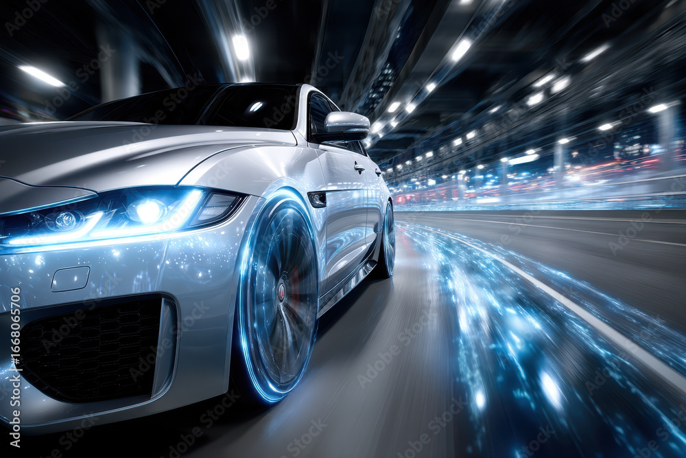 Obraz premium High-speed silver car driving through a futuristic illuminated tunnel at night
