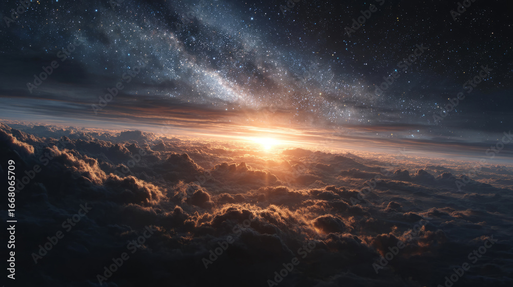 Fototapeta premium Stunning Galaxy Sky Over Glowing Cloudscape at Sunrise