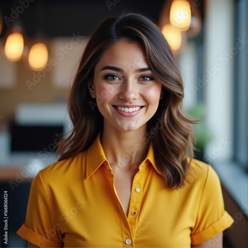 Smiling woman portrait happy young female in yellow shirt business headshot attractive girl office worker confident person person face human resources modern workplace diversity inclusion Pr