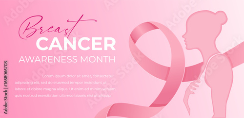 Breast cancer awareness month featuring silhouette and pink ribbon. Vector illustration