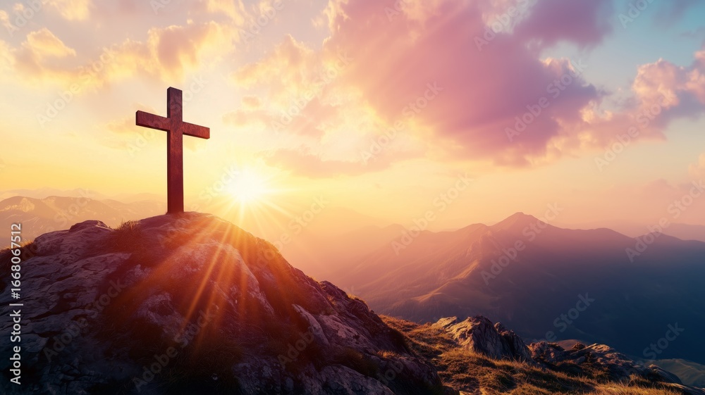 Obraz premium Beautiful sunset over mountains with a cross on a rocky hilltop creating a serene atmosphere