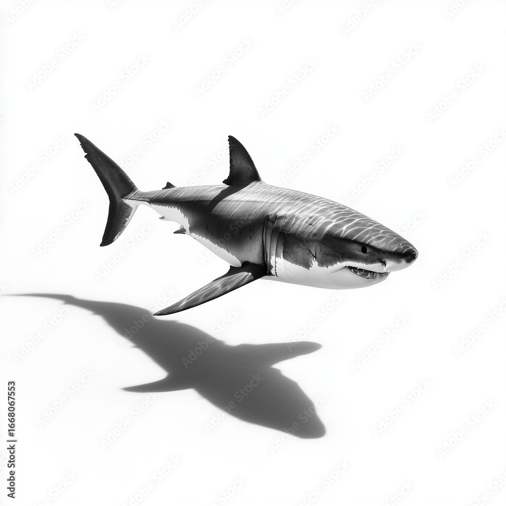 Fototapeta premium Großer Weißer Hai freigestellt auf weißem Hintergrund – schwimmender Knorpelfisch mit Schattenwurf und Lichtreflexen; maritimes Wildtier, Meeresraubtier, Unterwasser, Weißer Hai, Großer Weißer Hai