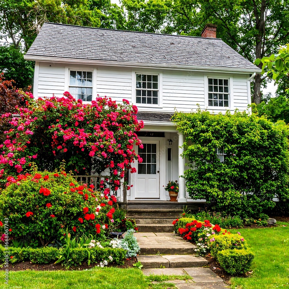 Obraz premium Charming white house with vibrant garden