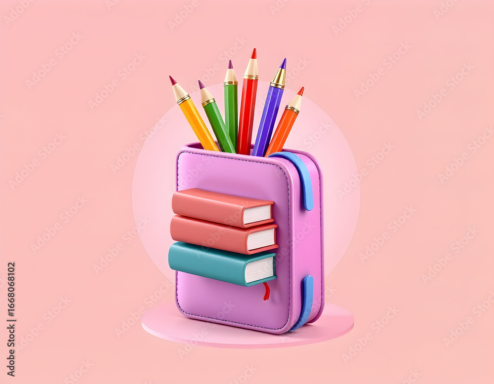 Fototapeta premium School Supplies 3D Cartoon Pencil Case with Books and Pencils