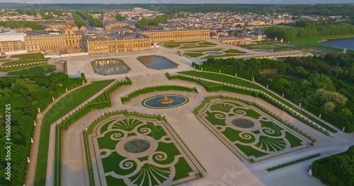 Aerial view of Palace of Versailles and the gardens surrounding it, France