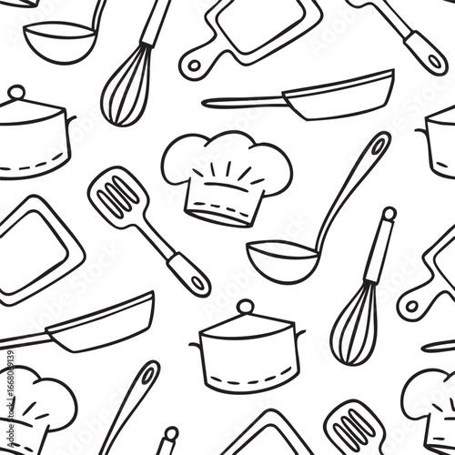 Seamless kitchen utensil pattern in black line art with chef hats, pots, pans, whisks, and cooking tools on white background